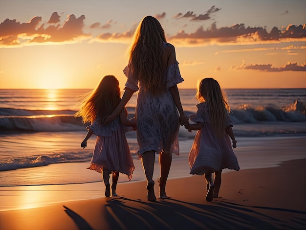 Madre e hijas caminan por la playa al atardecer vista posterior ai generativo