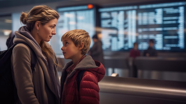 Madre e hijo en el aeropuerto