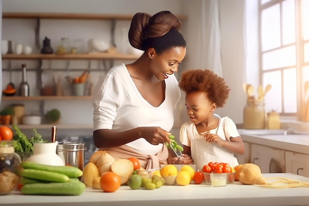 Madre e hijo afroamericanos cocinan en la cocina de casa