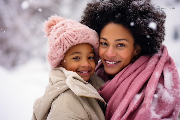 Madre e hijo afroamericanos disfrutando del invierno al aire libre