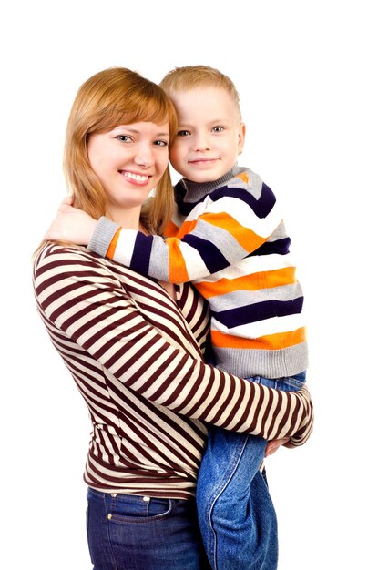 Foto madre e hijo, aislado, en, un, fondo blanco