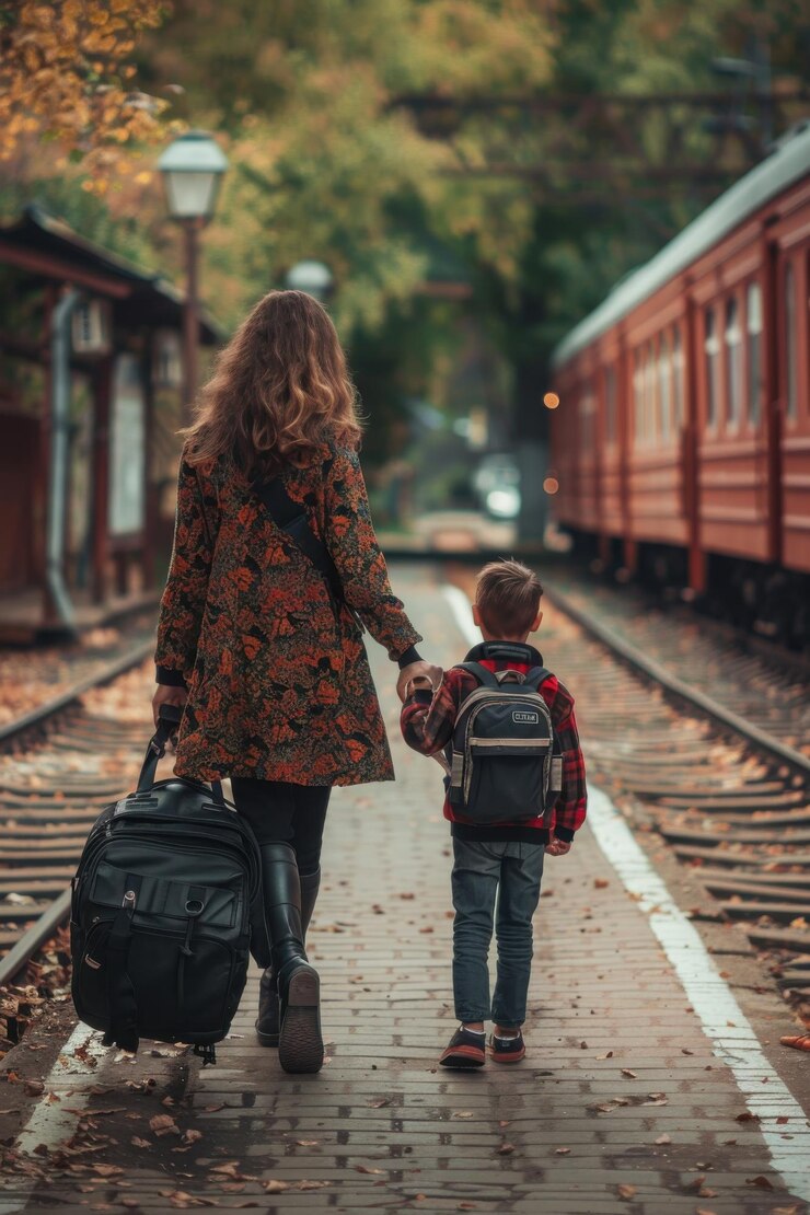 Madre e hijo caminando a la escuela juntos en otoño con chaquetas y mochilas de regreso a la temporada escolar