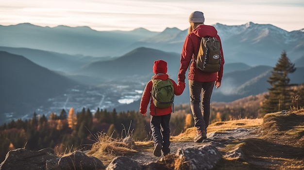 Madre e hijo caminando por las montañas en otoño Creado con tecnología de IA generativa