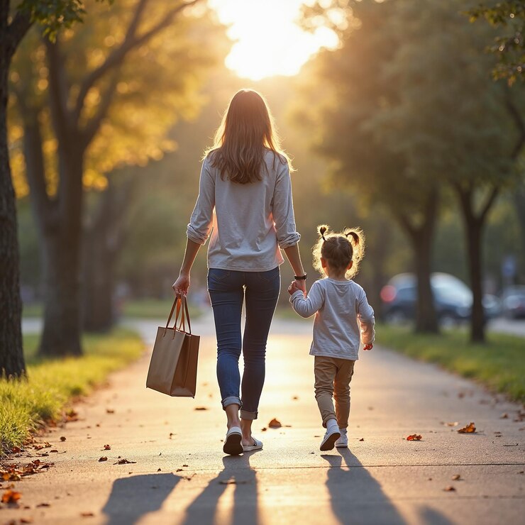 Madre e hijo caminando en el parque al atardecer