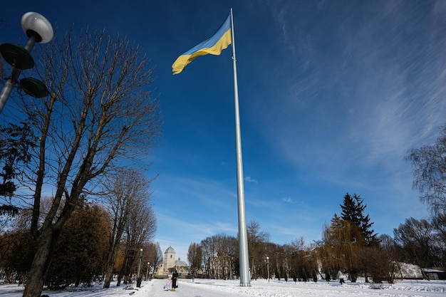 Madre e hijo caminando en un soleado día de invierno helado en el parque contra el fondo de un asta con la bandera ucraniana