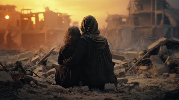 Foto madre e hijo en una ciudad destruida en palestina israel conflicto de guerra concepto de crisis humanitaria