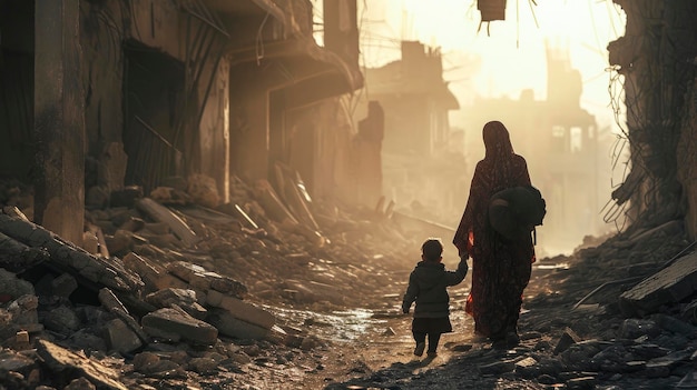 Foto madre e hijo en una ciudad destruida en palestina israel conflicto de guerra concepto de crisis humanitaria