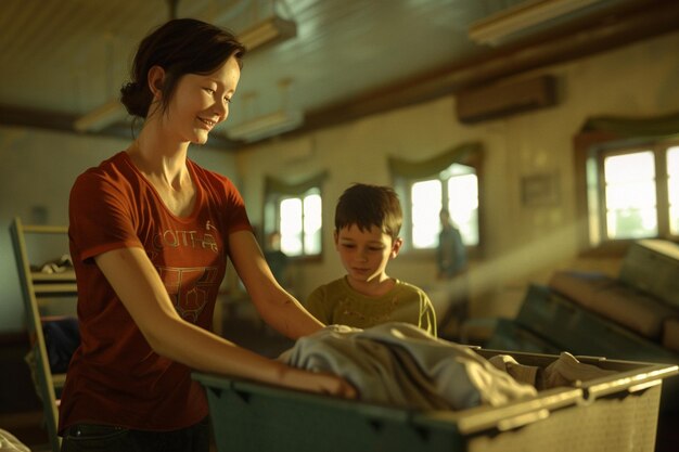 Foto madre e hijo como voluntarios en un refugio