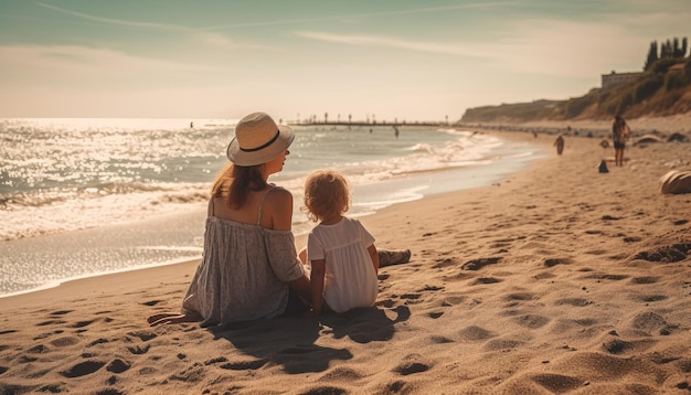 Madre e hijo disfrutando de un día de ocio en la playa con el mar y el sol Día de la Madre