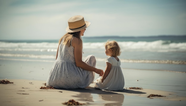 Madre e hijo disfrutando de un día de ocio en la playa con el mar y el sol Día de la Madre