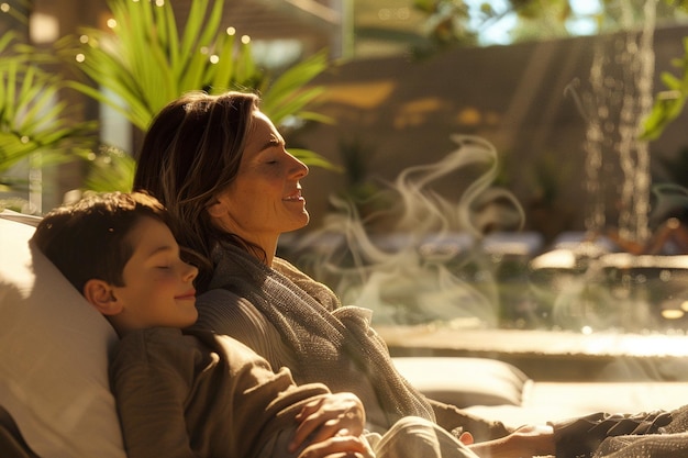 Foto madre e hijo disfrutando de un día relajante en un wellne