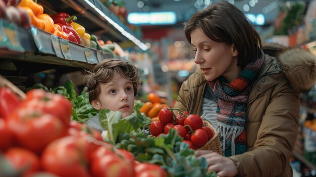 Foto madre e hijo están comprando verduras en la tienda