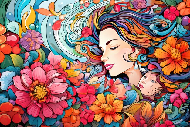 Madre e hijo Feliz día de la madre dibujo colorido con flores