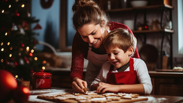 Madre e hijo haciendo galletas de Navidad en casa