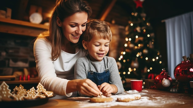 Madre e hijo haciendo galletas de Navidad en casa