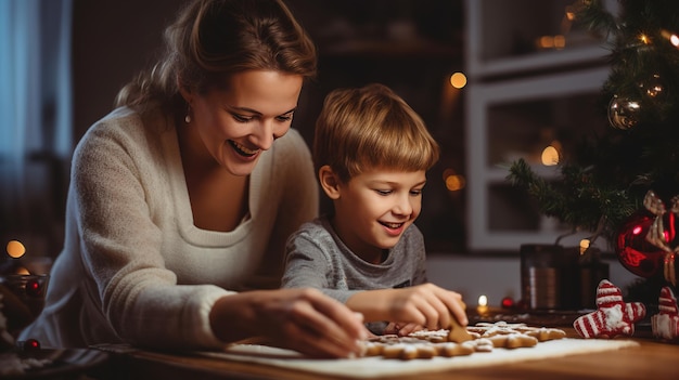 Madre e hijo haciendo galletas de Navidad en casa