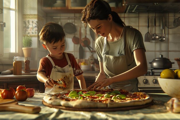 Madre e hijo haciendo una pizza casera juntos oc