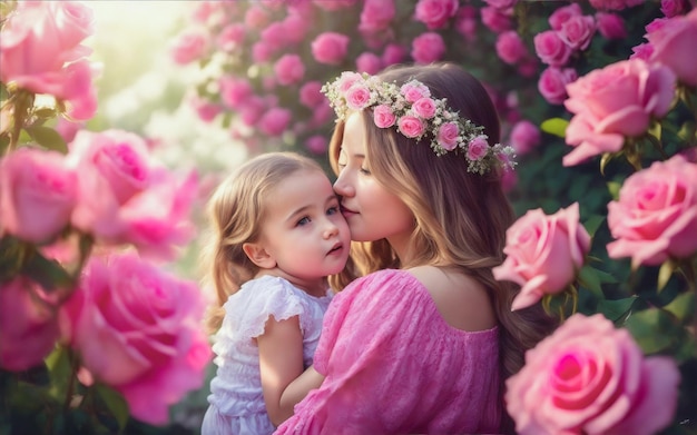 Madre e hijo en un hermoso jardín generativo ai