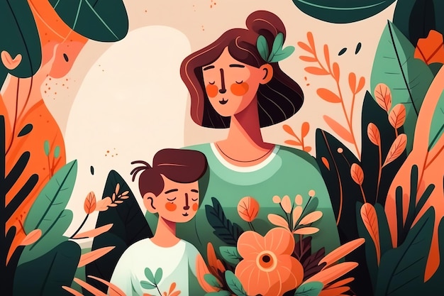 Madre e hijo en la ilustración de fondo floral para el día de la madre con espacio de copia Generativo ai