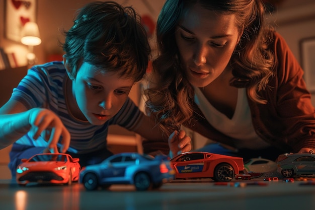 Foto madre e hijo jugando con coches de juguete