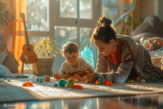 Foto madre e hijo jugando con juguetes en el suelo
