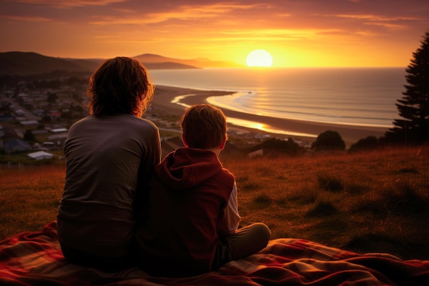 Foto madre e hijo juntos admirando el atardecer frente al mar