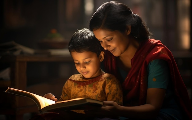 Madre e hijo leyendo un libro Ilustración india