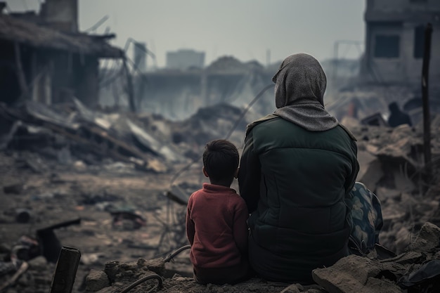 Foto madre e hijo en medio de la destrucción en la ciudad de wartorn