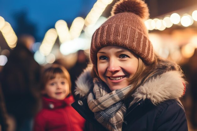 Madre e hijo en un mercado tradicional de Navidad en una noche de invierno