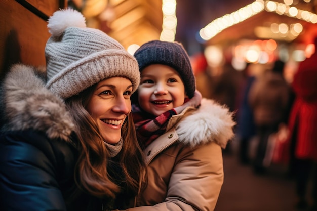 Madre e hijo en un mercado tradicional de Navidad en una noche de invierno