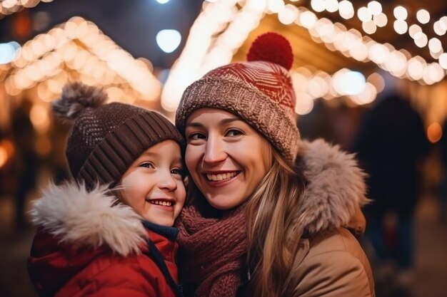 Madre e hijo en un mercado tradicional de Navidad en una noche de invierno