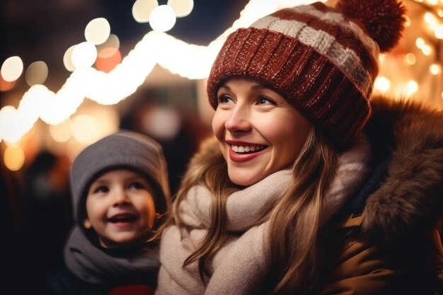 Madre e hijo en un mercado tradicional de Navidad en una noche de invierno