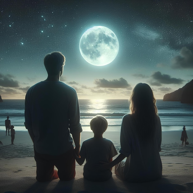 madre e hijo mirando la luna y las estrellas