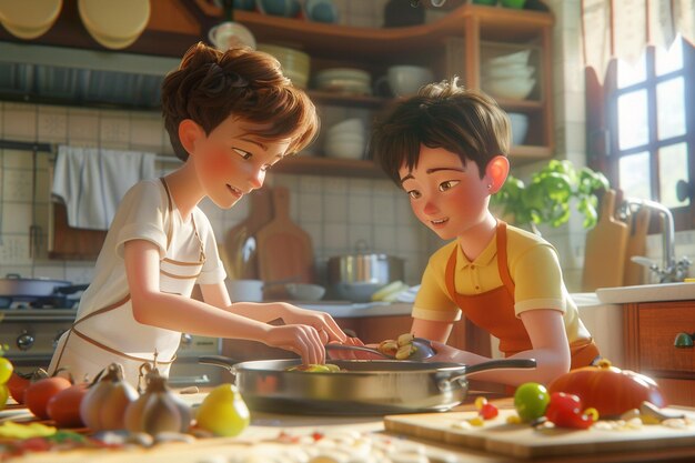 Foto madre e hijo participando en un amistoso concurso de cocina