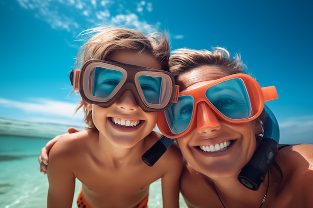 Madre e hijo en la playa con gafas de buceo