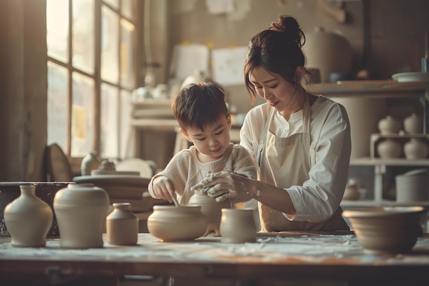 Madre e hijo tomando una clase de cerámica juntos oct
