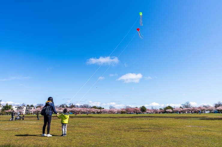 Madre e hijo volando cometas en el parque Garry Point en primavera
