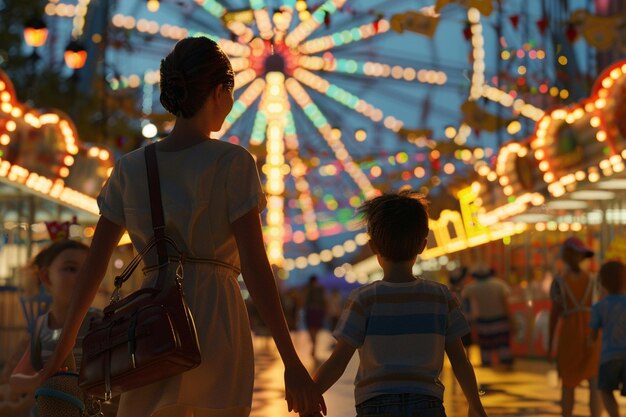 Madre e hijo yendo a un carnaval.