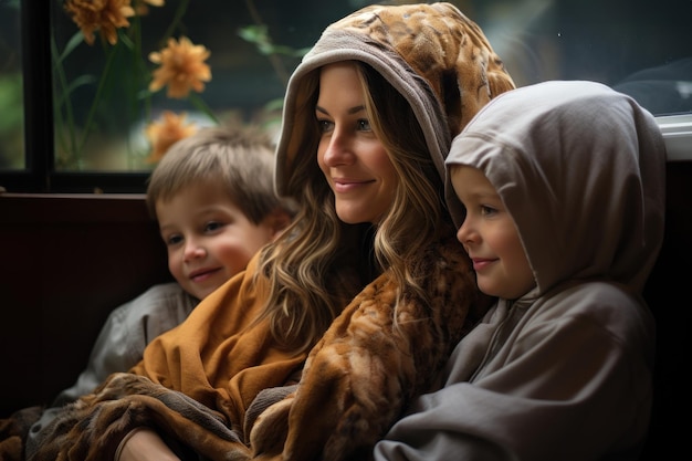 Madre e hijos disfrutando de libros en un cómodo asiento de la ventana fotos de libros hd