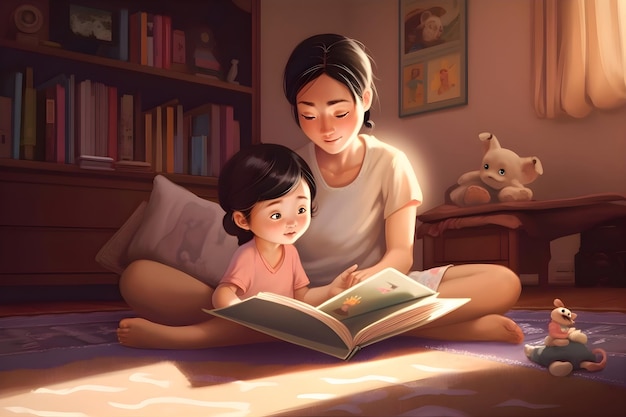 Madre e hijos están leyendo un libro Ilustración Día de la Madre AI Generativa 2