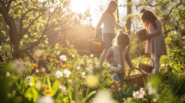 Madre e hijos felices recogiendo huevos de Pascua en un campo de flores