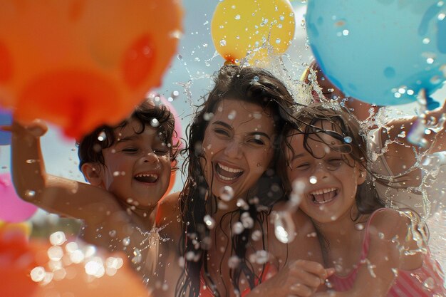 Madre e hijos jugando con un higo de globo de agua