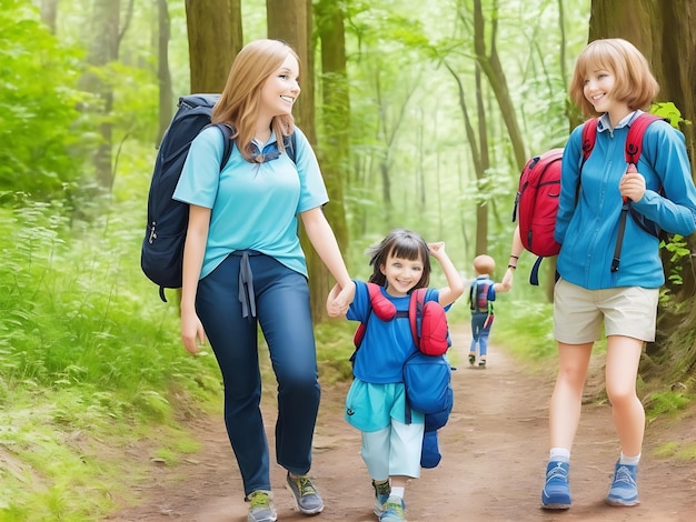 Madre e hijos con mochilas fueron de excursión al bosque.