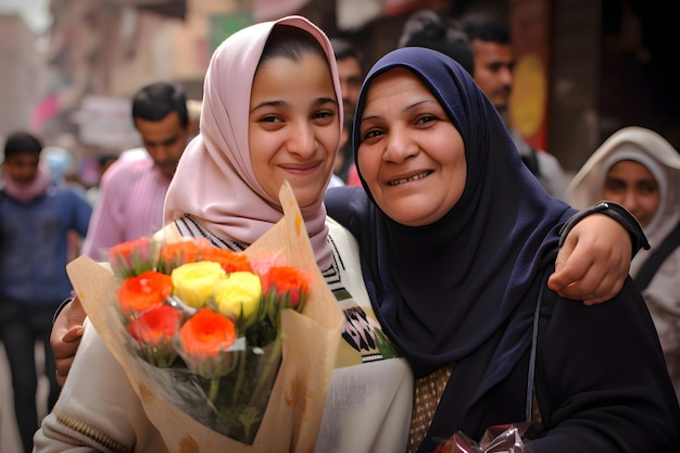 Madre egipcia con hija y flores en la calle Día de la Madre IA generativa