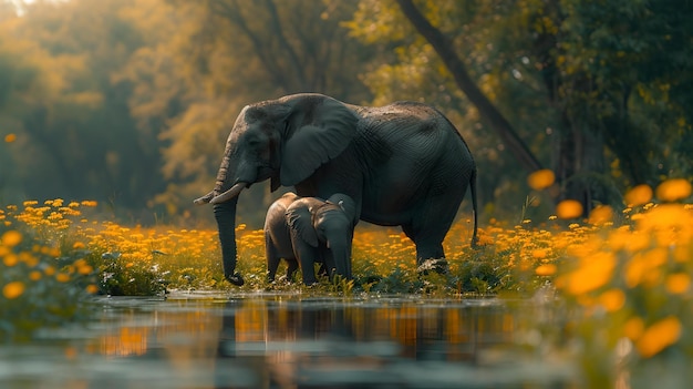 Madre elefante y becerro disfrutando de un río sereno entorno de la naturaleza majestad capturado AI