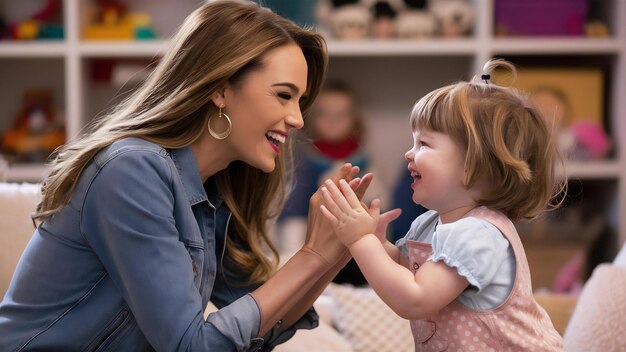 Madre elegante con cabello largo y una chaqueta de vaqueros jugando con su pequeña hija linda