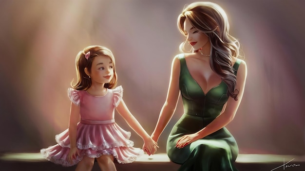 Madre elegante con cabello largo y un vestido verde sentada con su pequeña hija linda