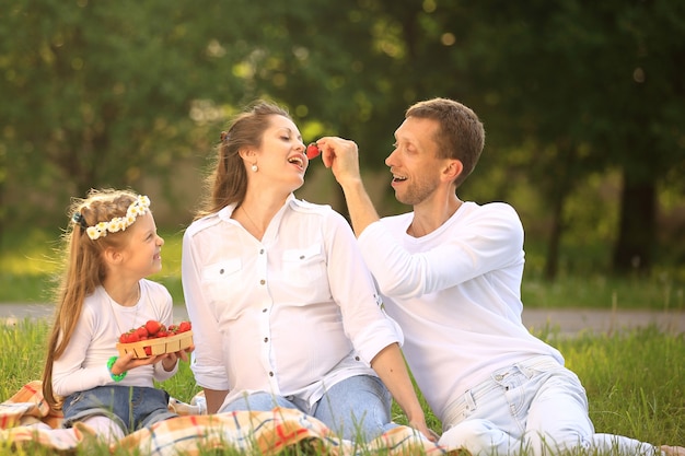 Madre embarazada, feliz padre e hija en un picnic en el parque