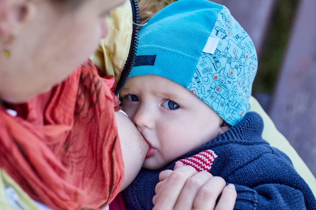 La madre está amamantando a un bebé en el parque de cerca