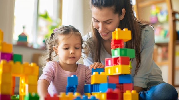 Una madre está ayudando a su hijo a construir una torre con bloques pero sigue cayendo ella les recuerda que